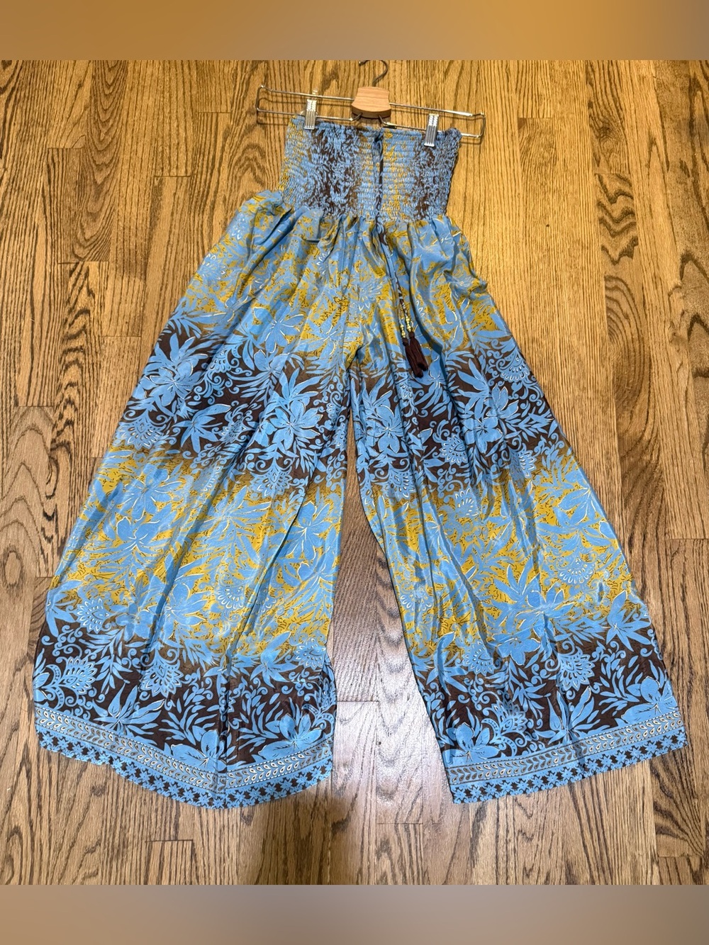 Smocked Waist Wide-Leg Pant in Sky Blue & Gold Floral